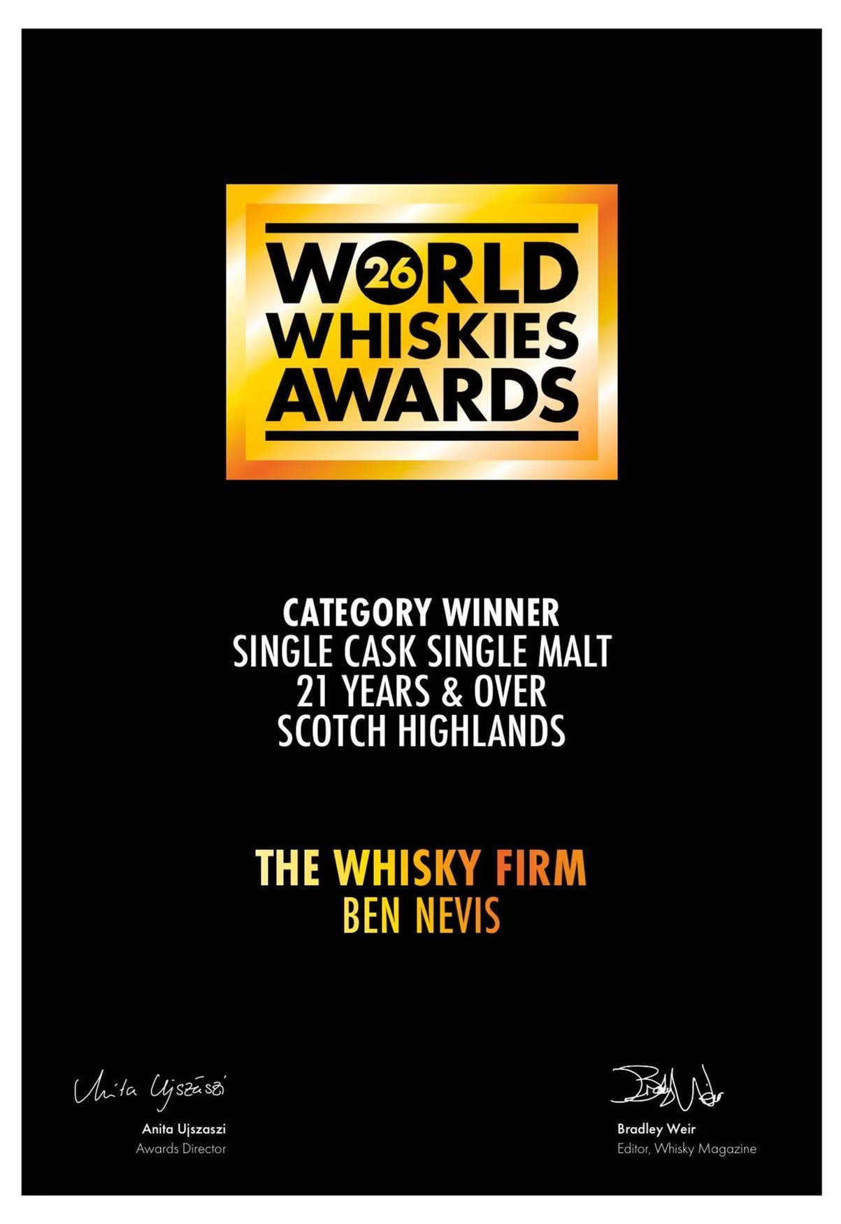 World Whiskies Awards 2026 certificate for The Whisky Firm Ben Nevis